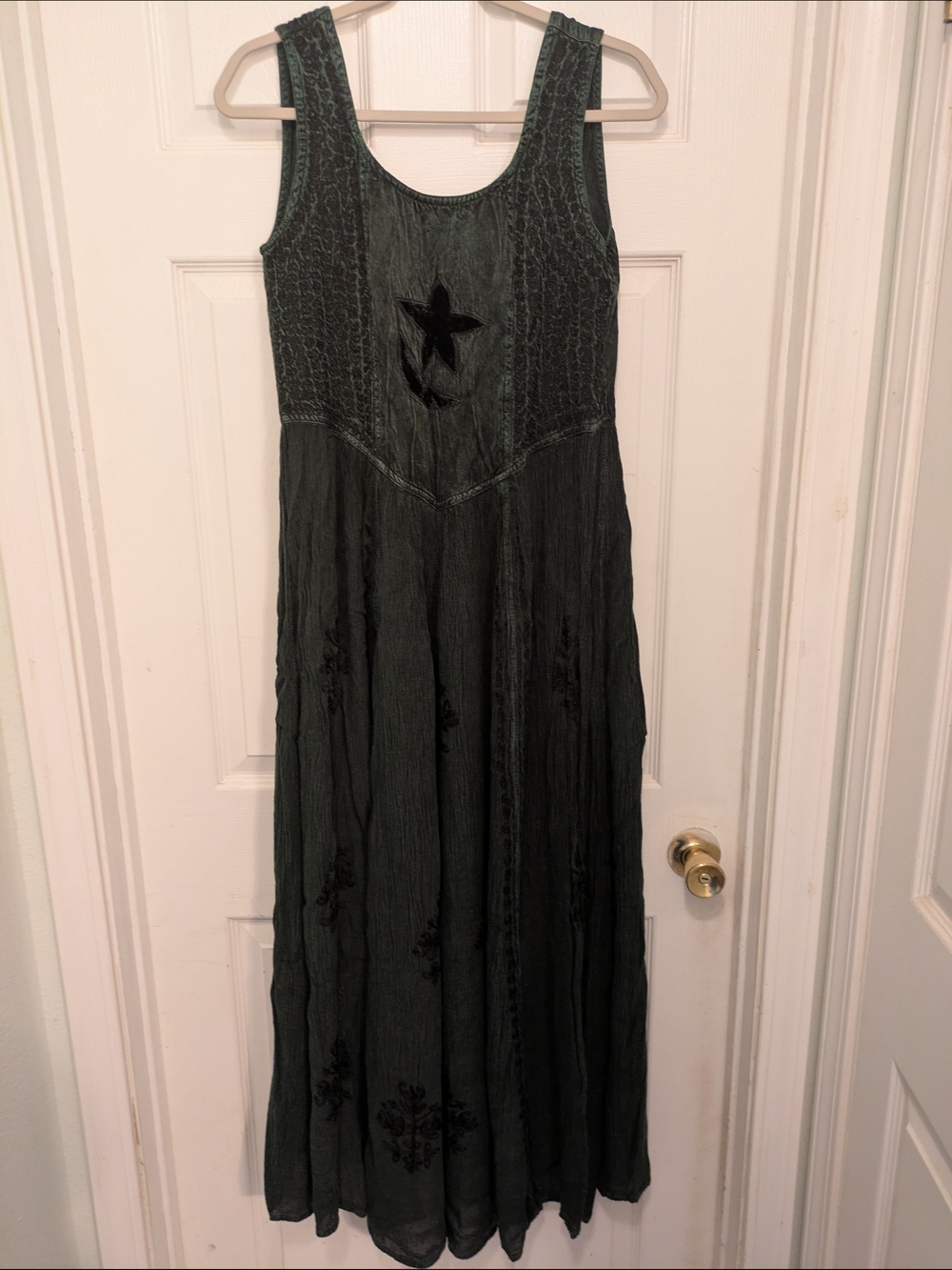 Sleeveless Dark Green Maxi Dress With Embroidery And A Velvet Star And Moon.